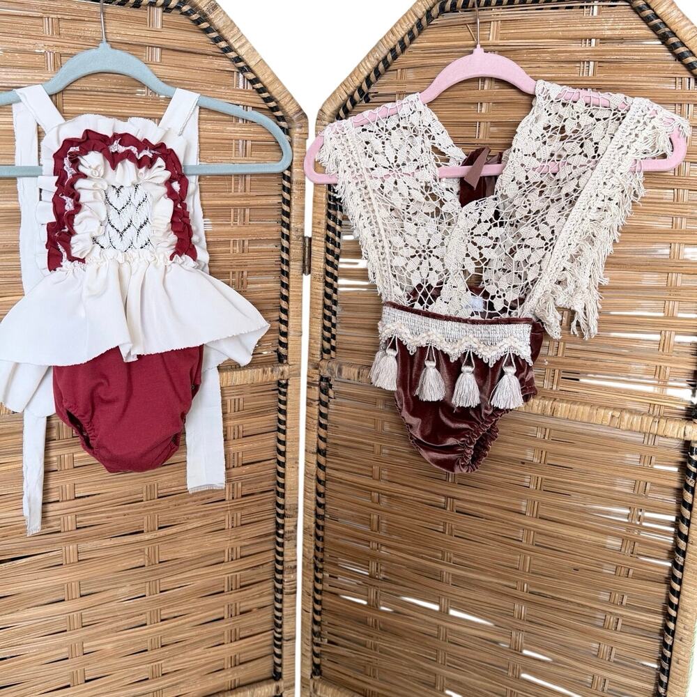 Boho cottagecore infant baby girl set of 2 rompers rust lace fringe prairie